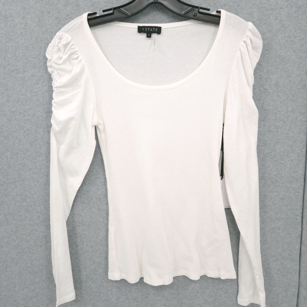 1. State Puff Shoulder Long Sleeve Cotton Rib White Scoop Neck Shirt Womens S